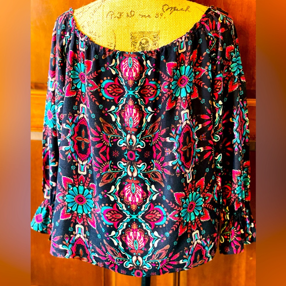 Shayanne Black Print XL 100% Rayon Ruffled  Sleeve Top